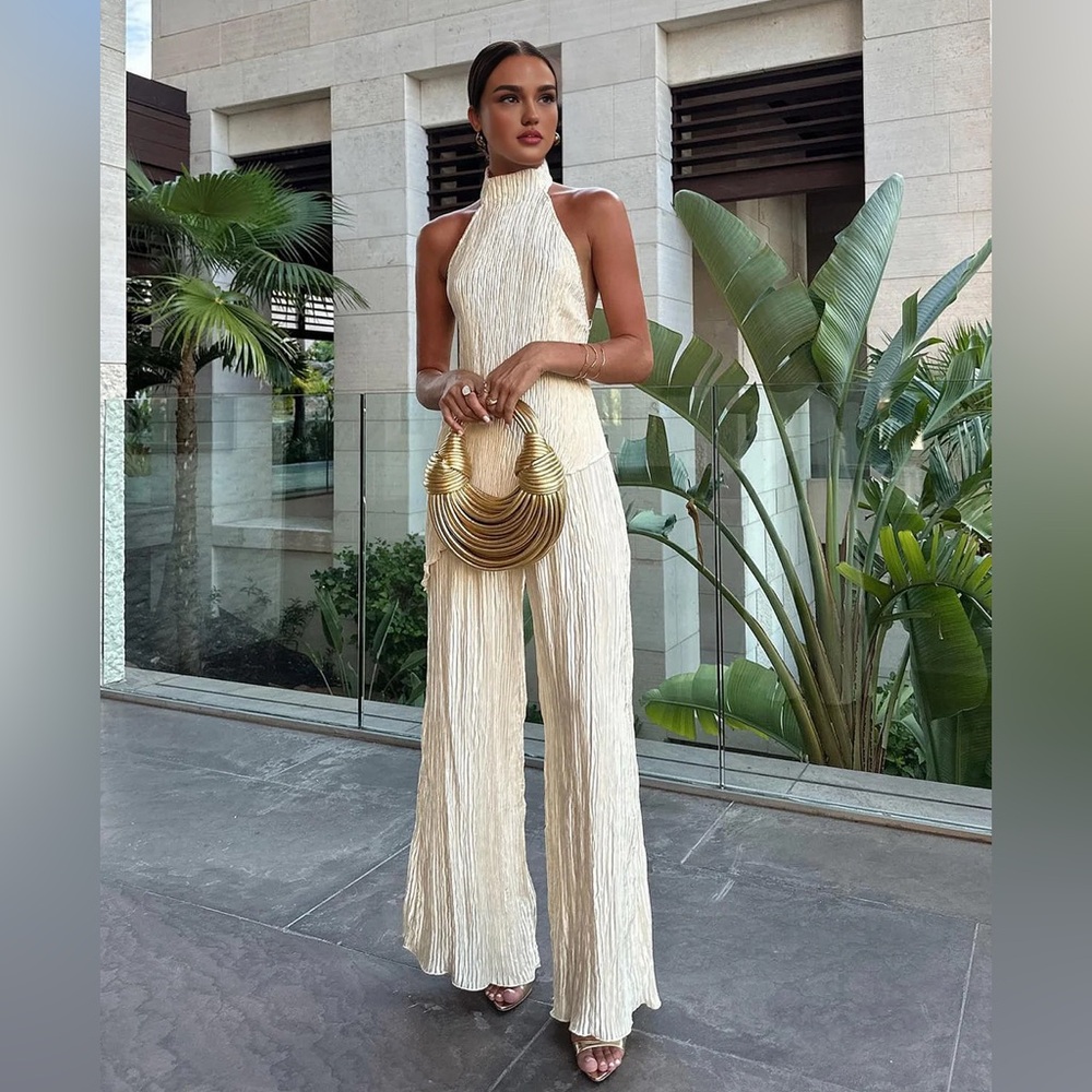 Commense Cream Halter Jumpsuit with Wide Legs